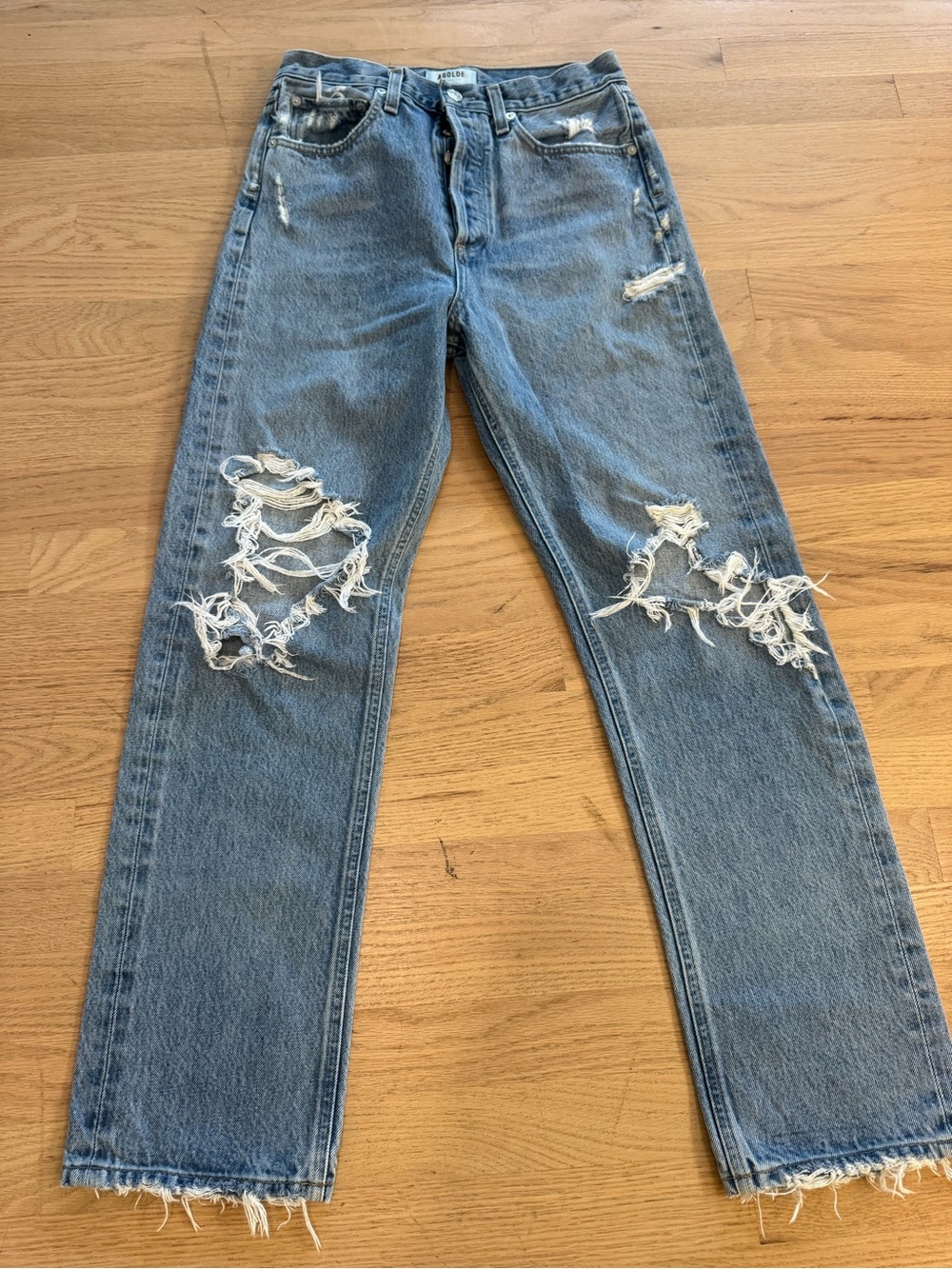 Agolde 90s Mid Rise Denim Light Blue Distressed Straight Leg Jeans